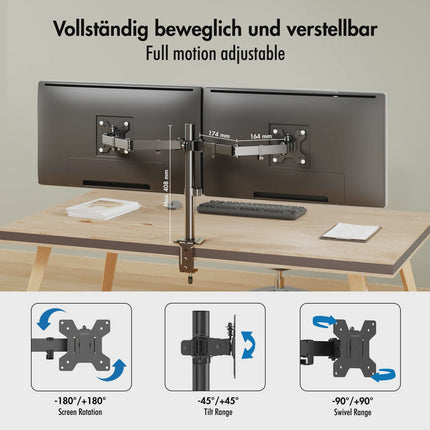 Dual Monitor Mount 17-32" Adjustable Arms, Black