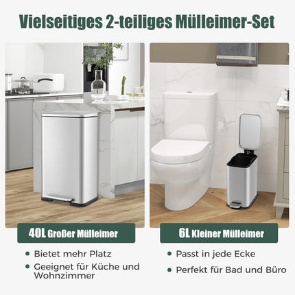 Dual Trash Can Set, 40L & 6L, Stainless Steel, Soft-Close