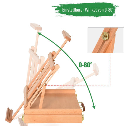 Easel in beech wood with adjustable angle and box