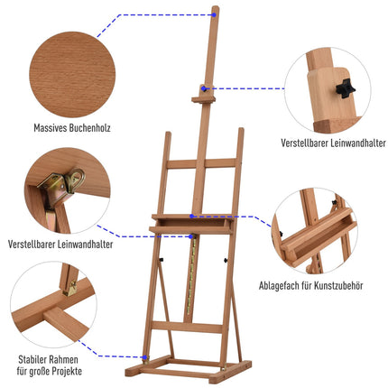 Adjustable easel in beech wood with storage, 53-230cm