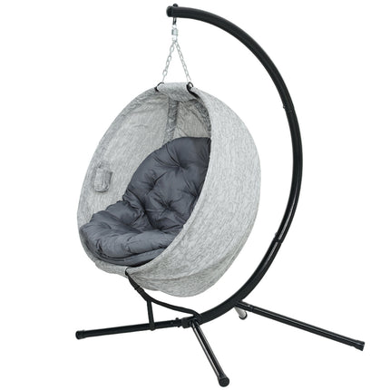 Egg-shaped outdoor hanging chair, gray - folding swing with cup holder