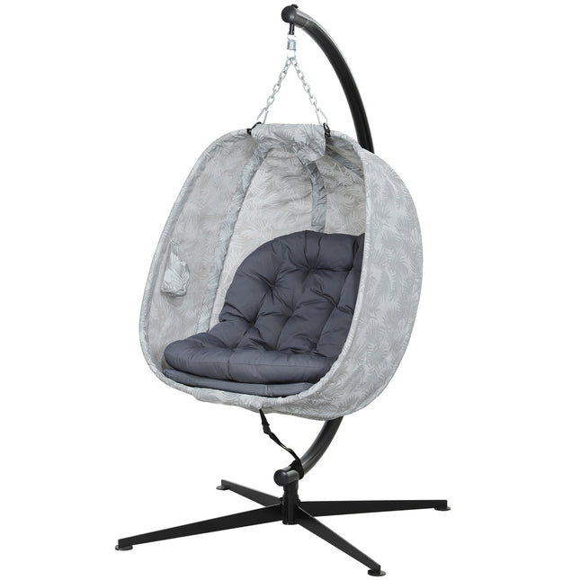 Egg-shaped outdoor hanging chair with cushions, gray