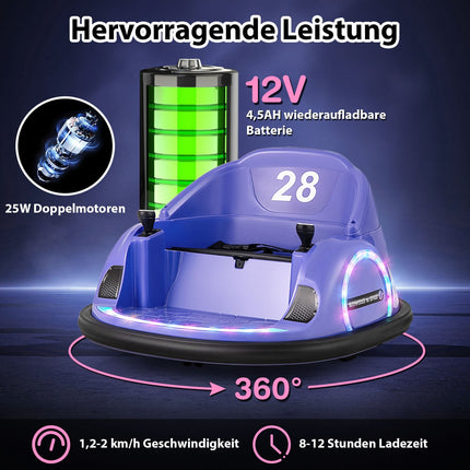 Electric 360 Spin Bumper Car for Kids, 12V, Purple