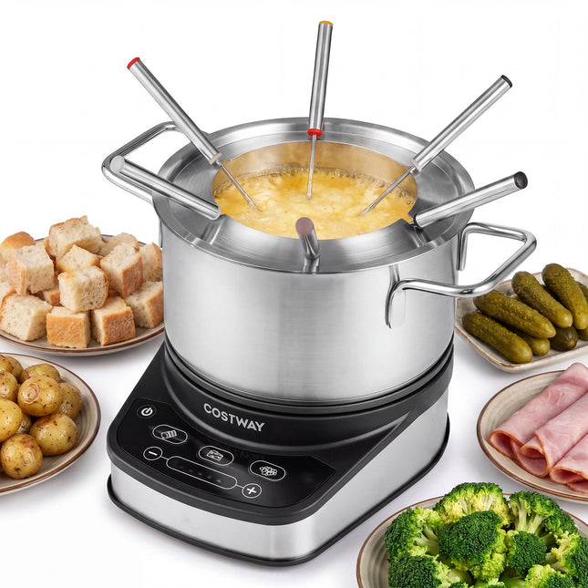 Electric Fondue Set 1200W, 3L Stainless Steel, 6 Forks