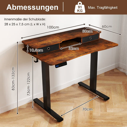 Electric Height Adjustable Desk with Monitor Stand, 100x60 cm