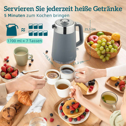 Electric Kettle 1.7L 2200W & 4-Slice Toaster, Grey