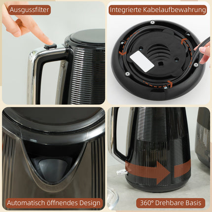 Electric Kettle & Toaster Set, 1.7L, Stainless Steel, Black
