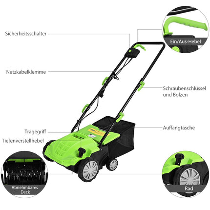 Electric Lawn Scarifier and Aerator, 1500W, 30L Bag, 32cm Width