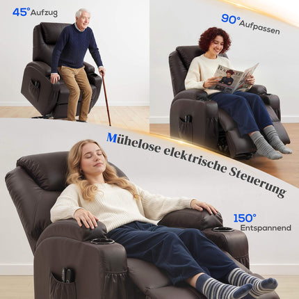 Electric Recliner Chair with Lift, Remote, Cup Holders, Brown