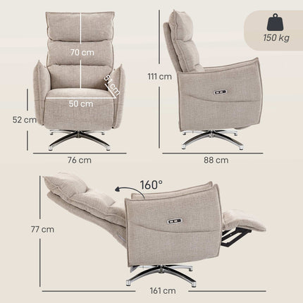 Electric Recliner Chair with USB Ports, Beige Linen Fabric