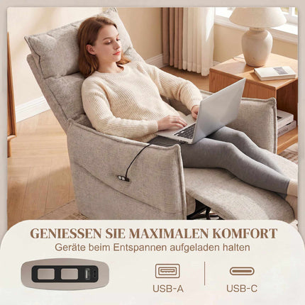 Electric Recliner Chair with USB Ports, Beige Linen Fabric