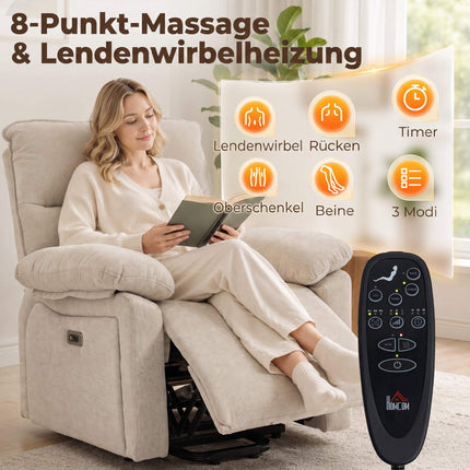 Electric Recliner with Massage & Heat, Cream Chenille Fabric