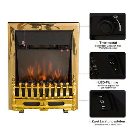 Freestanding Electric Stove, 1000/2000W, Gold, Flame effect