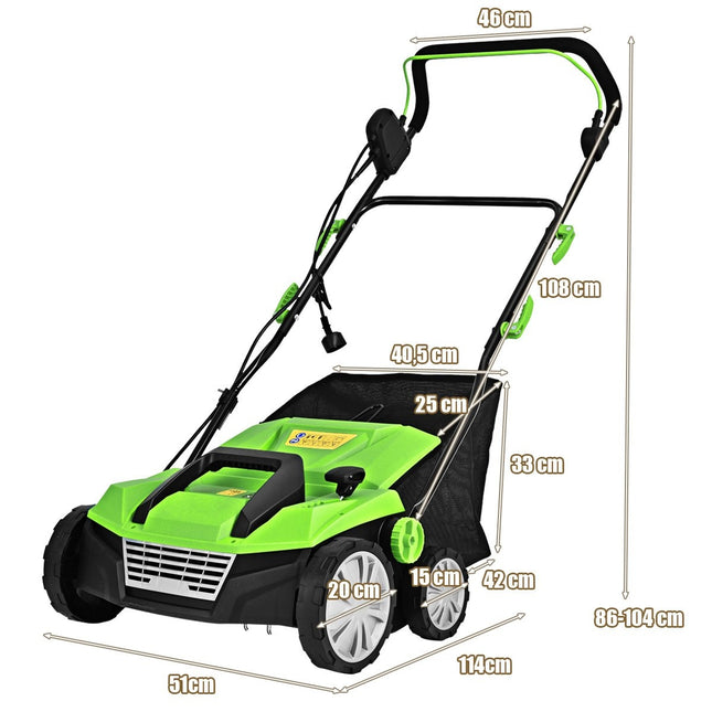 Electric scarifier lawn aerator 1800W 2 levels working depth 106 x 58 x 110.5 cm green