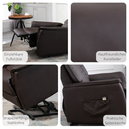 Electric recliner with standing aid, brown artificial leather