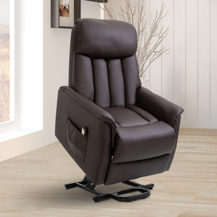 Electric recliner with standing aid, brown artificial leather
