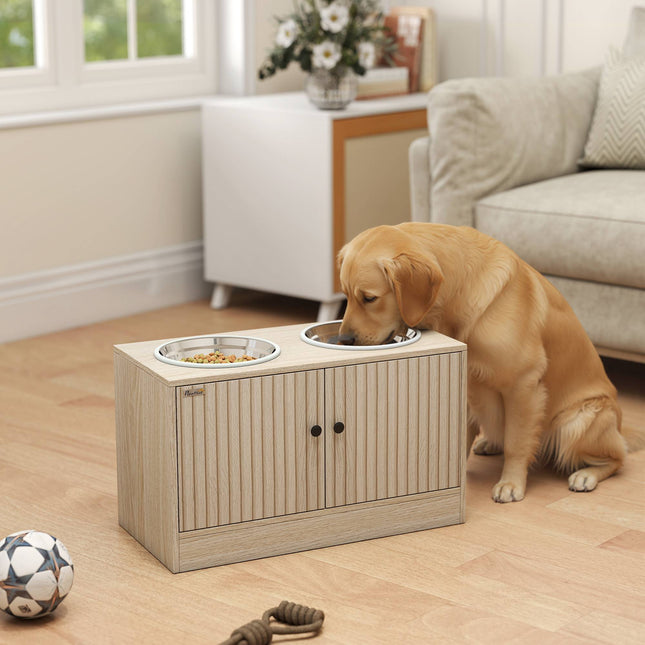 Elevated Dog Feeding Station with 2 Stainless Steel Bowls, Storage Cabinet