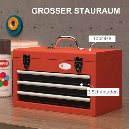 Red steel tool box with 3 drawers - 45 x 24 x 27 cm