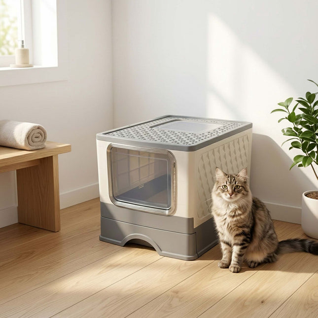 Enclosed Cat Litter Tray with Drawer, Foldable Design