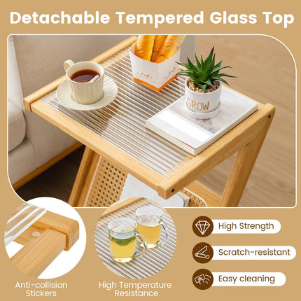 End Table With Magazine Rack, Tempered Glass Top, Bamboo