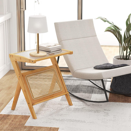 End Table With Magazine Rack, Tempered Glass Top, Bamboo