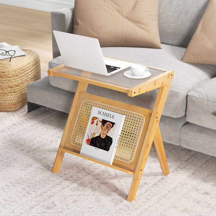 End Table With Magazine Rack, Tempered Glass Top, Bamboo