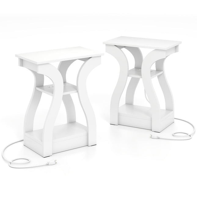 End Tables Set with Charging Station, 3-Tier, White