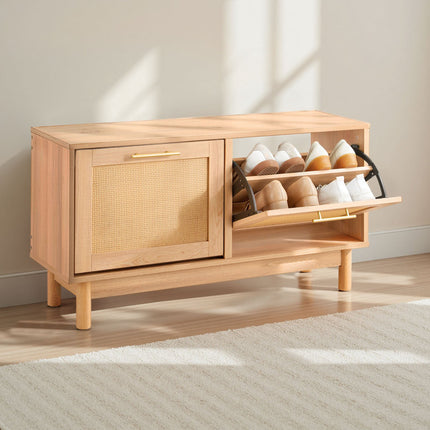 Entryway Shoe Bench, 2 Flip Drawers, Rattan Doors, 300 lb