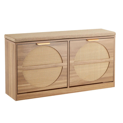 Entryway Shoe Bench With Cushion, Rattan Flip Drawers
