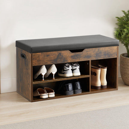 Entryway Shoe Bench With Lift-Top Storage, 3 Cabinets, Cushion Seat