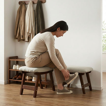 Ergonomic Beige Footstool, Beech Wood & Linen Upholstery