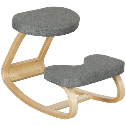 Ergonomic Kneeling Chair, Birch Wood Base, Grey Fabric