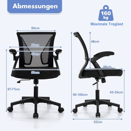 Ergonomic Office Chair with Folding Armrests Medium Back Desk Chair 57 x 63 x 90-100cm Black
