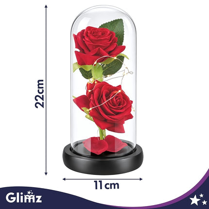 Eternal Rose in Glass Dome with 20 LED Lights, 22 cm, 2 Red Roses, Gift Box