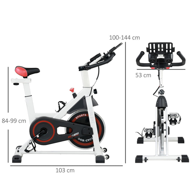 Rower treningowy do użytku domowego, rower fitness z wyświetlaczem LCD, regulowanym siodełkiem, kółkami i uchwytem na kubek, stalowy, biały