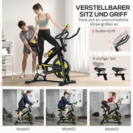 Exercise bike, quiet, adjustable resistance, heart rate sensor, monitor, yellow