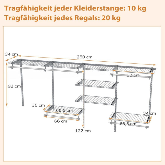 Expandable Closet Organizer System, 122-244 cm, Gray