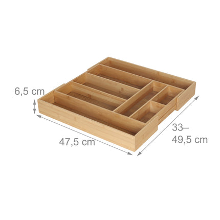 Extendable Bamboo Cutlery Tray – Adjustable, 6-8 Compartments