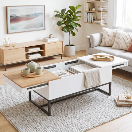 Extendable Coffee Table with Hidden Storage, White & Oak