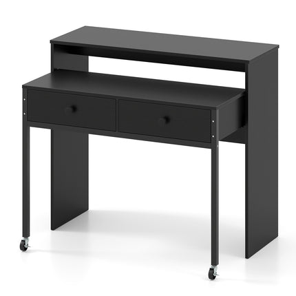 Extendable Computer Desk with 2 Drawers & Wheels, Black