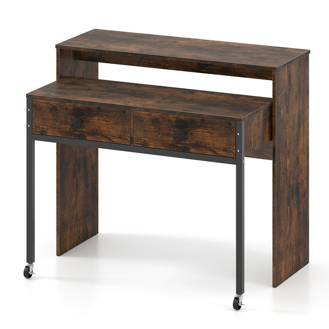 Extendable Desk with 2 Drawers & Wheels, 100x63x88 cm, Brown