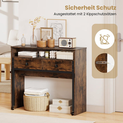 Extendable Desk with 2 Drawers & Wheels, 100x63x88 cm, Brown