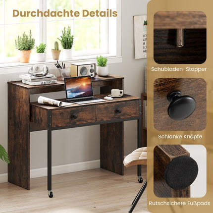 Extendable Desk with 2 Drawers & Wheels, 100x63x88 cm, Brown