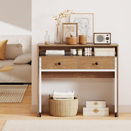 Extendable Desk with 2 Drawers & Wheels, 100x63x88 cm