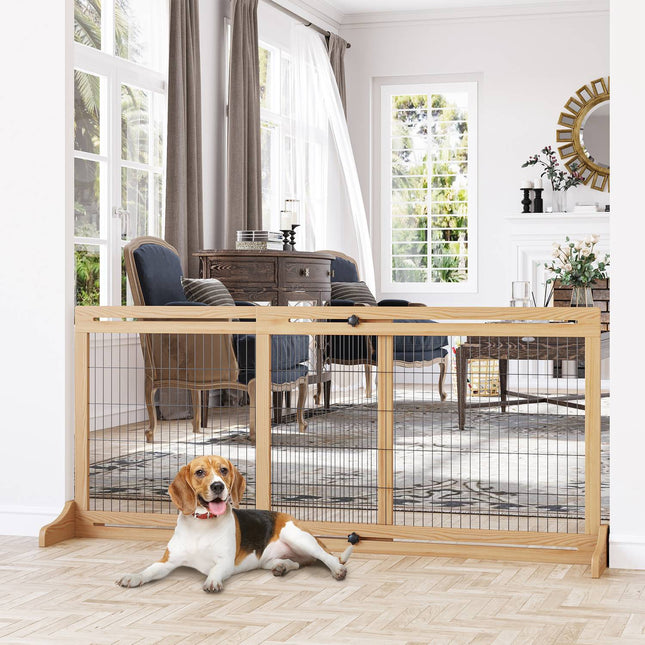 Adjustable wooden dog gate for stairs and doors, natural finish