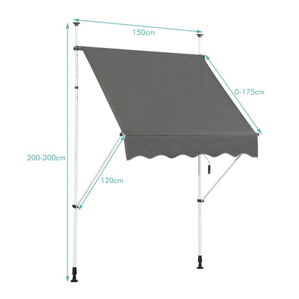 Extendable canopy sun protection with crank, height-adjustable awning 150 x 120 cm gray