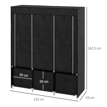 Black fabric wardrobe with rails and drawers