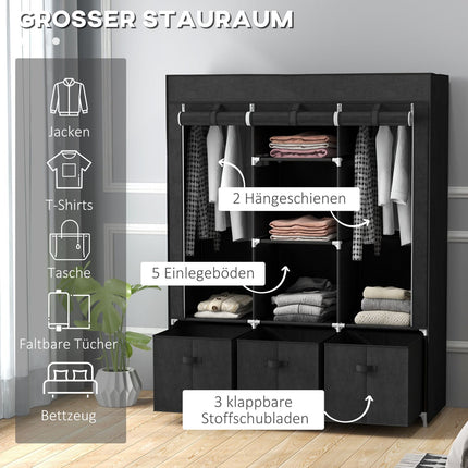Black fabric wardrobe with rails and drawers