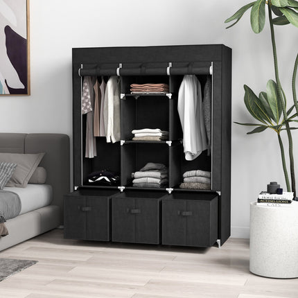 Black fabric wardrobe with rails and drawers