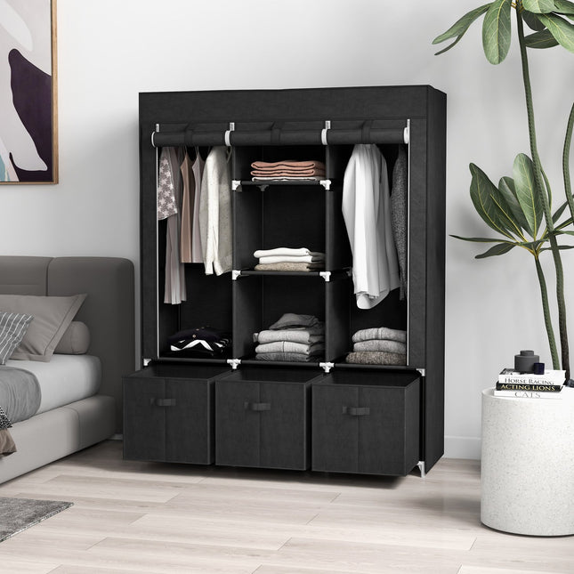 Black fabric wardrobe with rails and drawers
